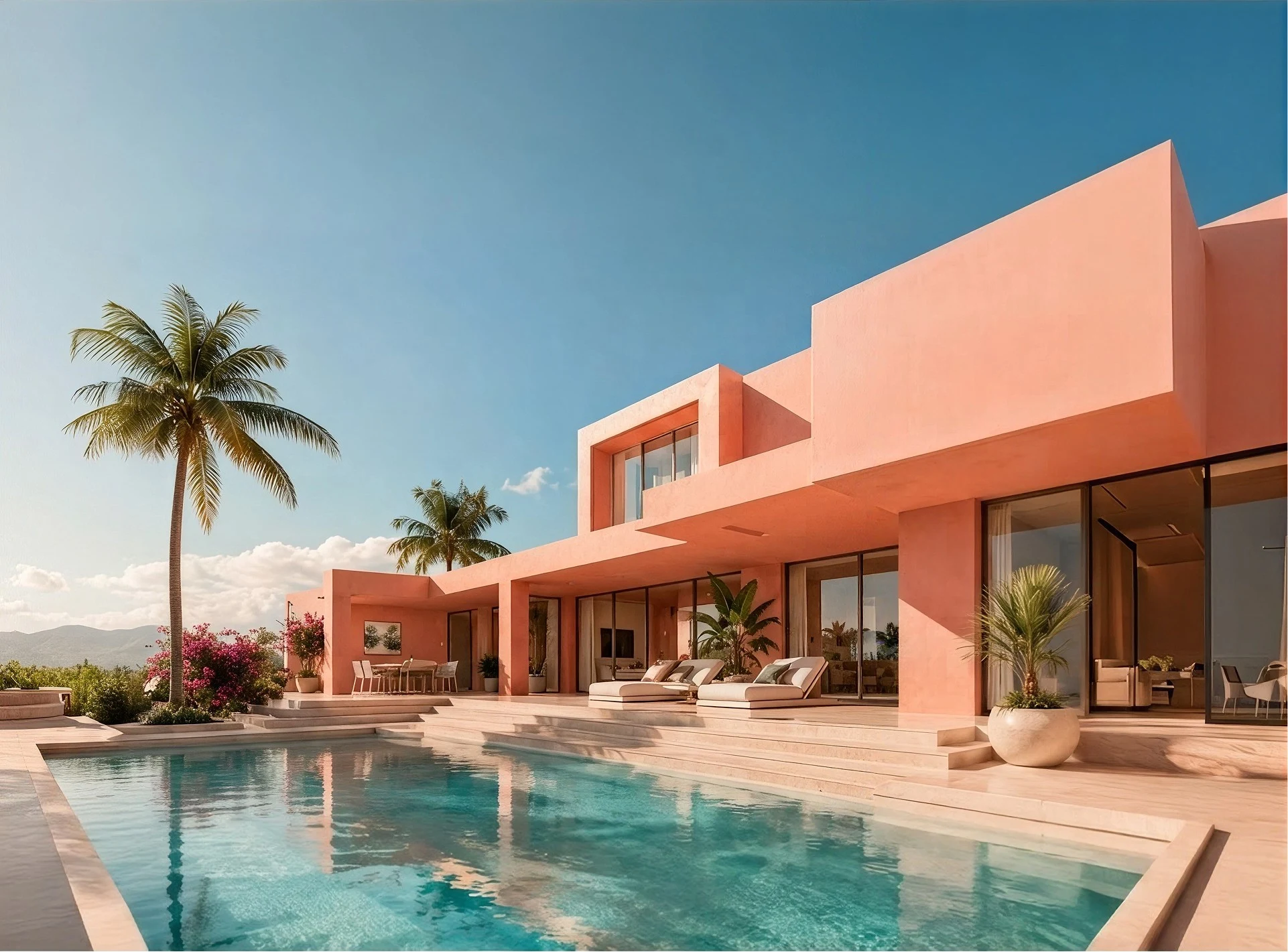 Peach-coloured modern house beside a swimming pool